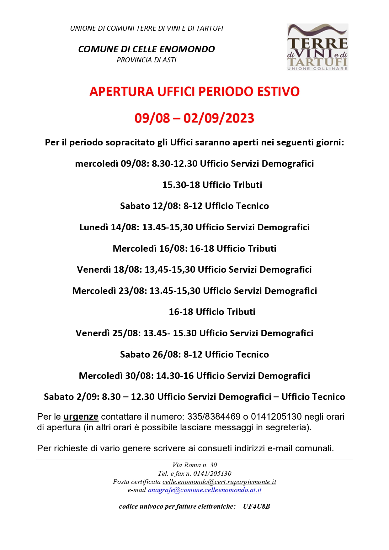 Chiusura estiva Uffici comunali